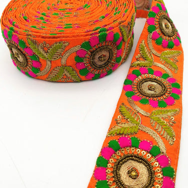 Orange Art Silk Lace Trim, Floral Embroidery in Green and Fuchsia, Hand Embroidered Border with Antique Gold beads and Gold Sequins